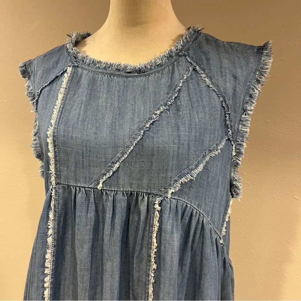 Sleeveless Patched and Frayed Tunic Dress - Light Indigo size small - Picture 3 of 13